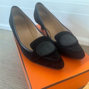 Hermes black suede kitten heel size 37.5